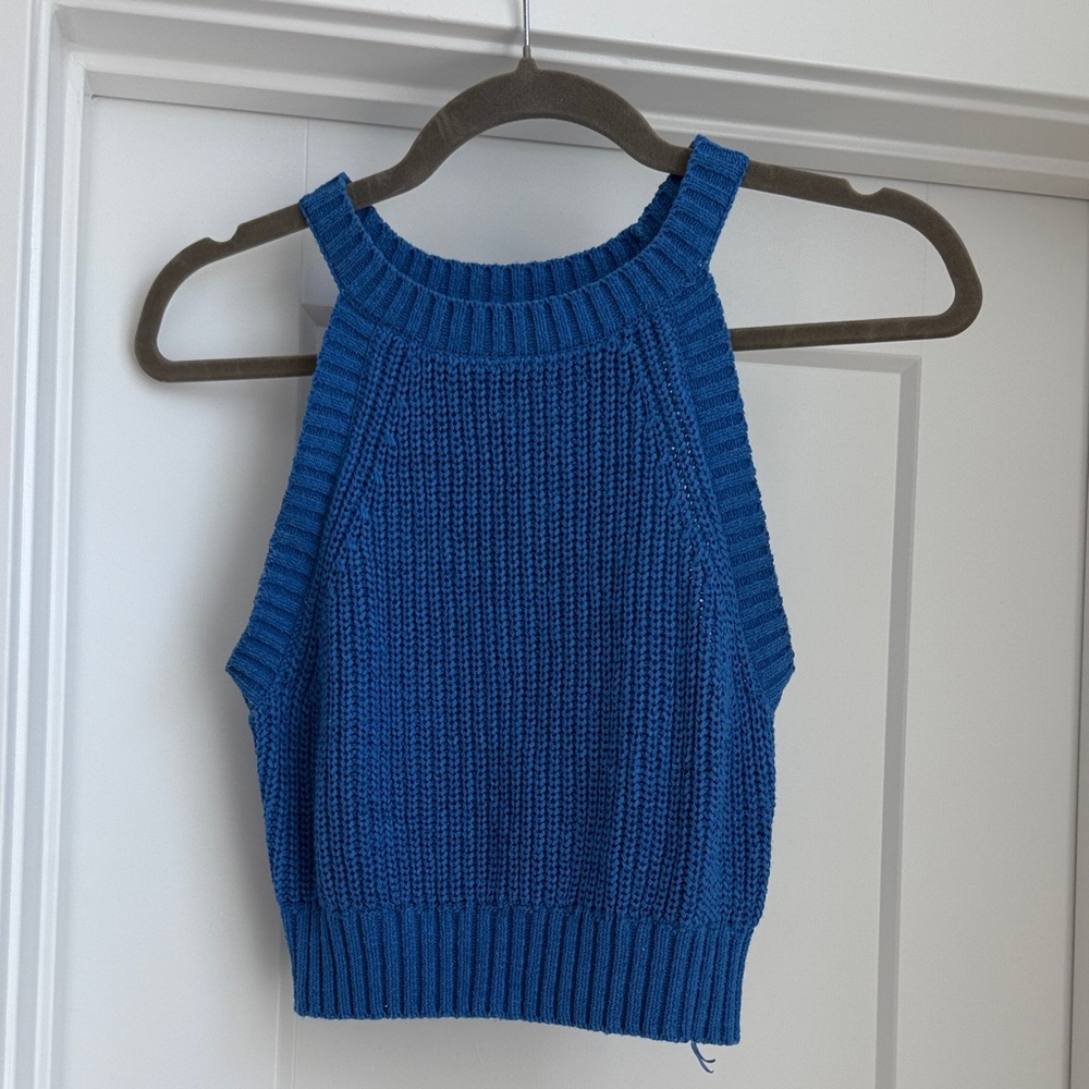 Bold Blue Off-Shoulder Knit Halter Sweater Tank